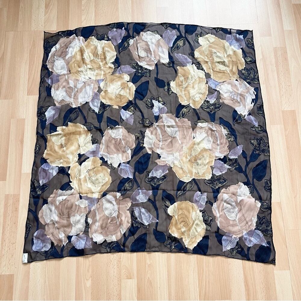 Mila Schon Silk Floral Scarf Navy Blue Beige Gold Thread